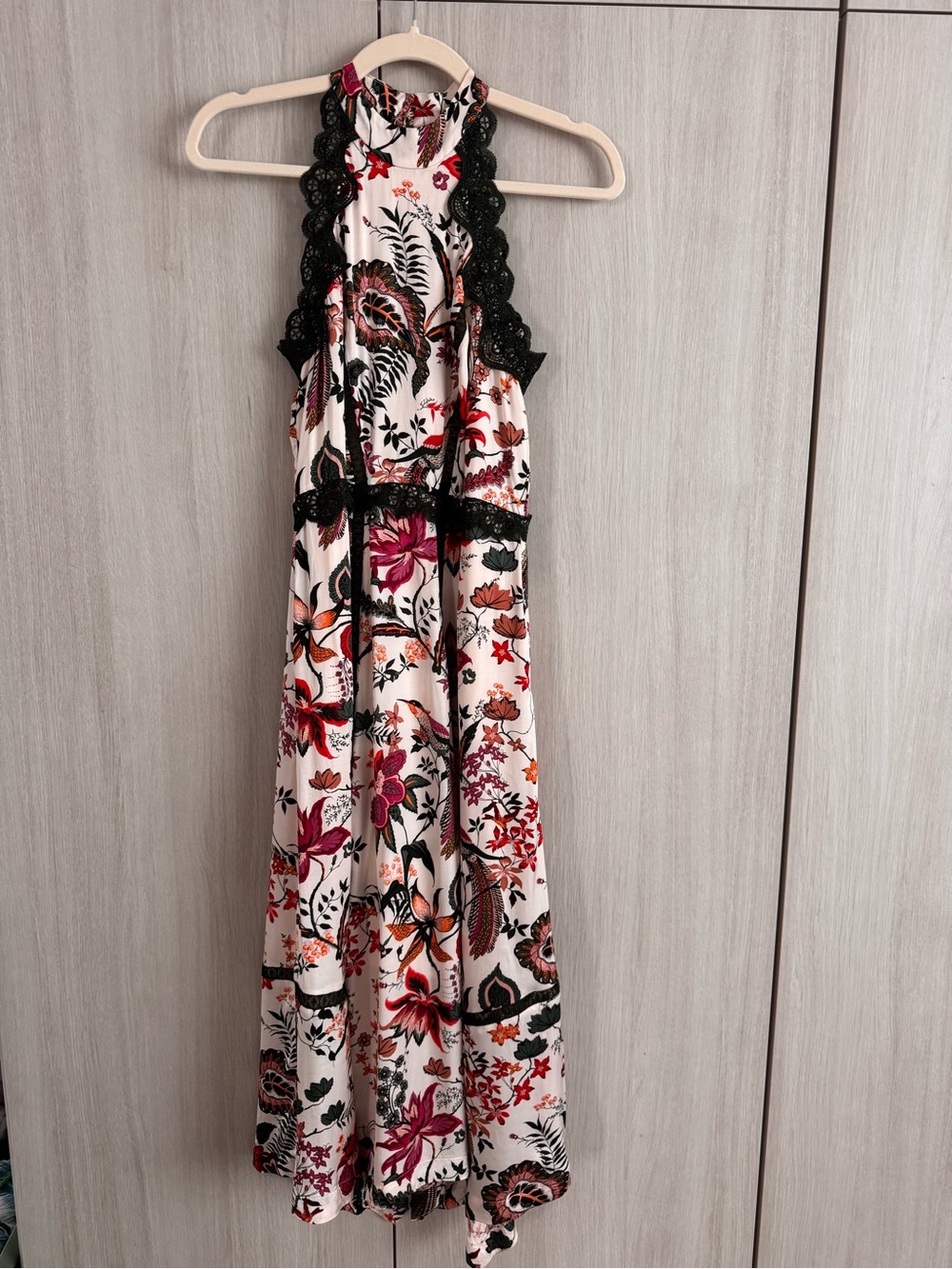 Anthropologie Cream Floral Maxi Dress with Green Lace Trim Sz 2